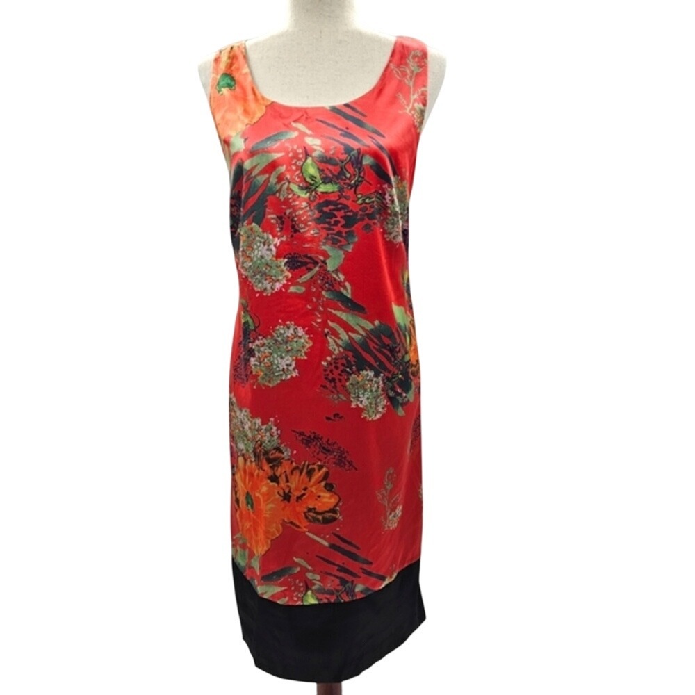 J.Peterman Sleeveless Satin Floral Sheath Dress‎ Orange & Black Multicolo…